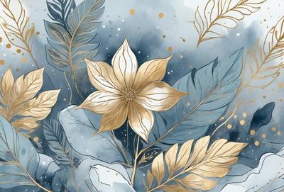 The primary subject of the image is a beautiful flower, which is the main focus of the scene. The flower is surrounded by a blue background, giving it a serene and calming atmosphere. The visual style of the image is a combination of digital art and illustration, creating a vibrant and detailed representation of the flower. The colors in the image are predominantly blue and gold, which adds to the overall mood of the scene.